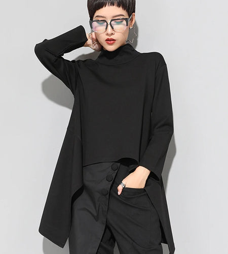 Spring Autumn  High Collar Long Sleeve Black Irregular Hem Loose T-shirt Women Fashion Tide All-match JK397