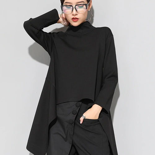 Load image into Gallery viewer, Spring Autumn  High Collar Long Sleeve Black Irregular Hem Loose T-shirt Women Fashion Tide All-match JK397
