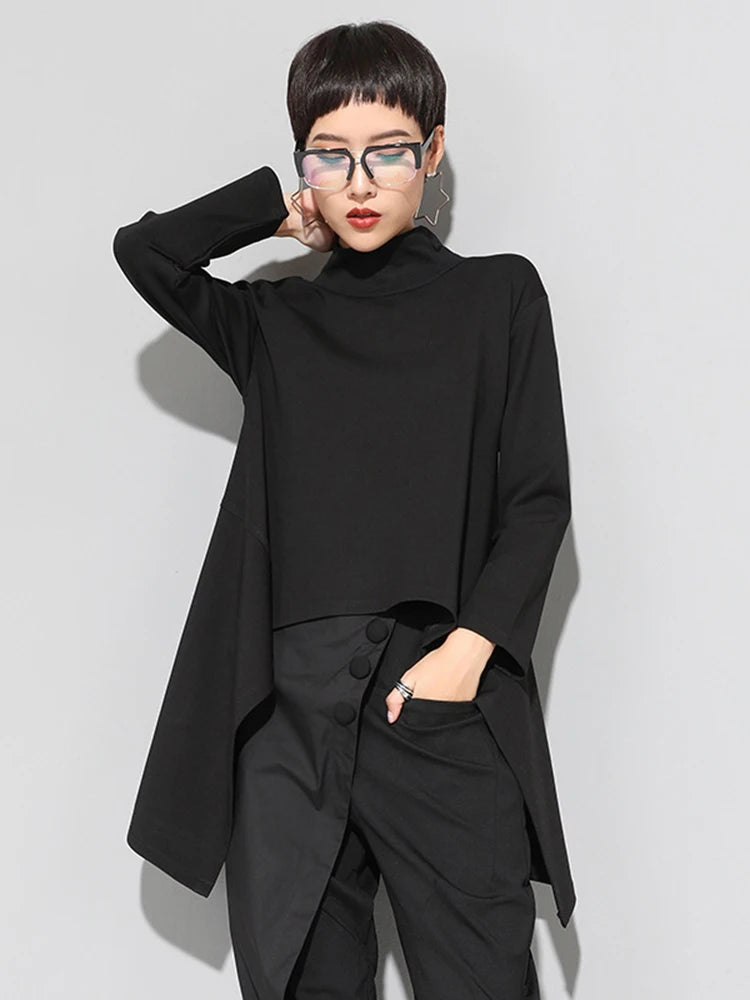Spring Autumn  High Collar Long Sleeve Black Irregular Hem Loose T-shirt Women Fashion Tide All-match JK397