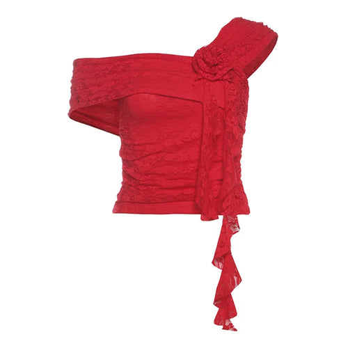 Load image into Gallery viewer, Y2k Aesthetic Lace Jacquard Vintage Tees 2025 Streetwear Fairy Slash Neck Cropped Tshirts Women Harajuku Grunge 3D Flower Tops
