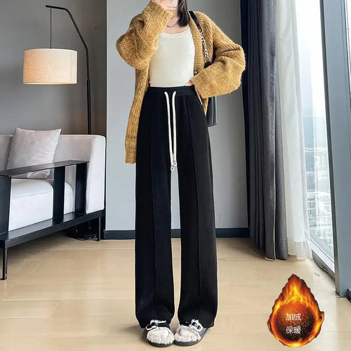 Load image into Gallery viewer, Women Black Blue Velvet High Waist Office Ladies Pant Korean Fashion Red Drawstring Wide Leg Trousers Casual Thick New 2024 Chic
