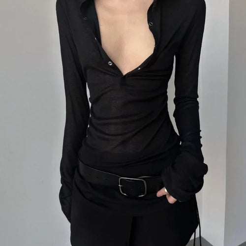 Load image into Gallery viewer, Solid See Through Sexy Hooded Tops Vintage Bottoming Harajuku T-shirt Women Y2k Aesthetic Single Breasted Grunge Tees Streetwear
