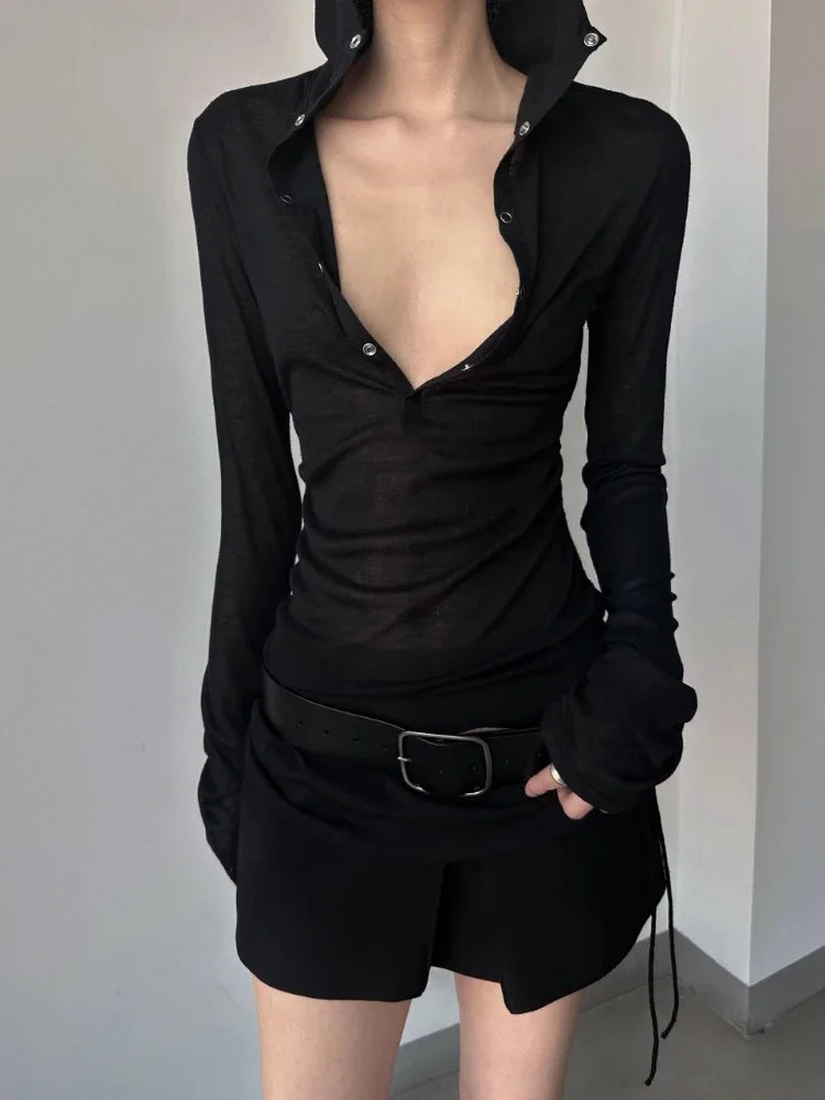 Solid See Through Sexy Hooded Tops Vintage Bottoming Harajuku T-shirt Women Y2k Aesthetic Single Breasted Grunge Tees Streetwear