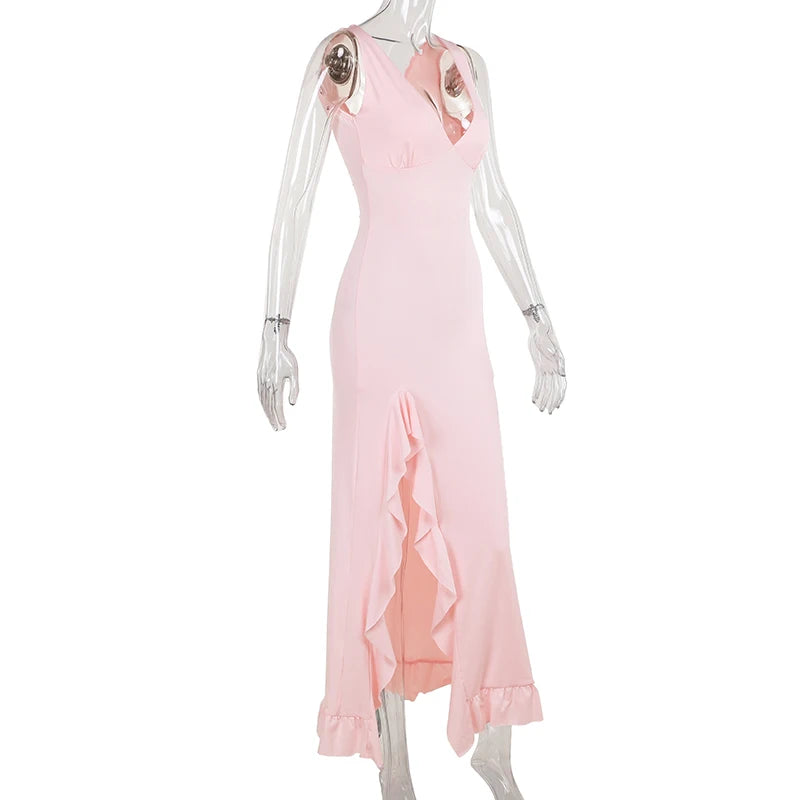 Elegant Sleeveless Ruffles Sexy Long Dress For Women Summer New Deep V Neck Backless Thigh High Split Maxi Dress