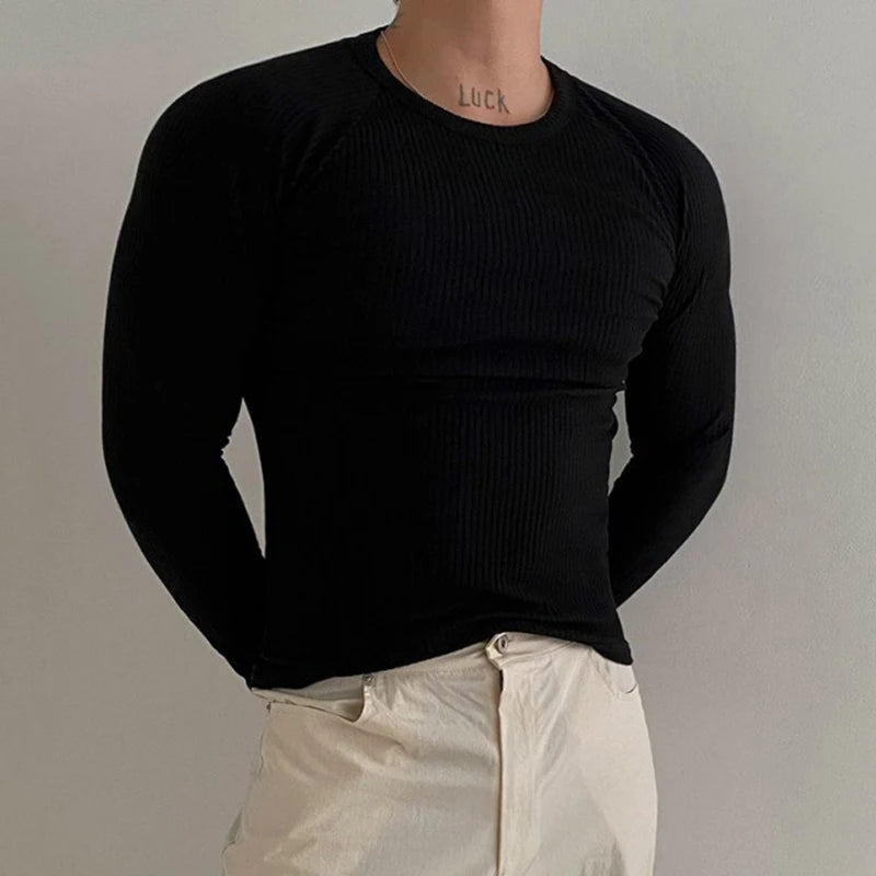 Men's T-shirts New Simple Slim Fit Long Sleeved Trendy Men's Spring Solid Color Round Neck Korean Design Clothing 9W1439