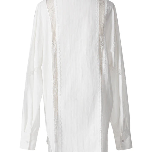 Load image into Gallery viewer, Women White Striped Lace Hollow Out Big Size Blouse New Lapel Long Sleeve Shirt Fashion Tide Spring Autumn 2025 7AB9277
