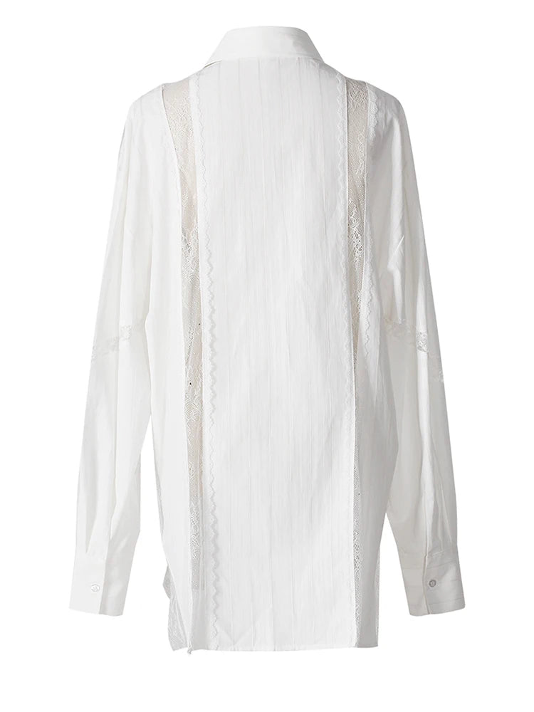 Women White Striped Lace Hollow Out Big Size Blouse New Lapel Long Sleeve Shirt Fashion Tide Spring Autumn 2025 7AB9277