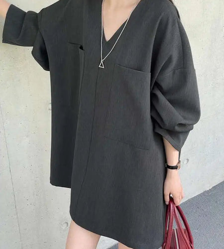 Women Gray Double Pocket Big Size Elegant Mini Dress New V--Neck Long Sleeve Fashion Tide Spring Autumn 2025 1DH7310