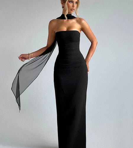 Scarf Collar Strapless Sexy Maxi Dress For Women Fashion Off-shoulder Backless Bodycon Club Party Long Dress Elegant