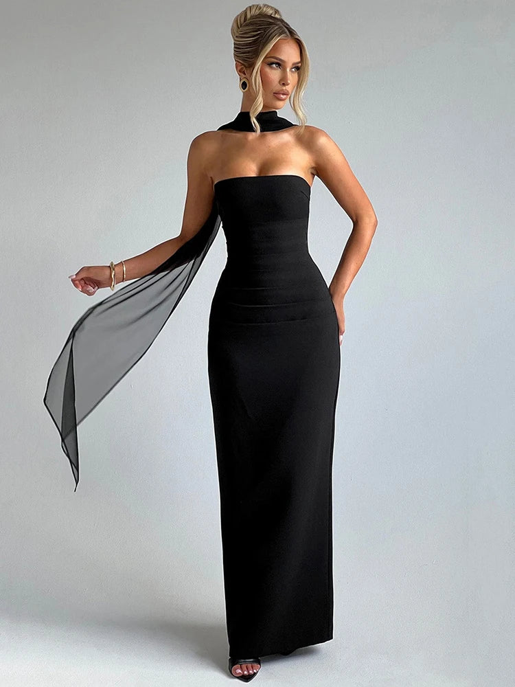 Scarf Collar Strapless Sexy Maxi Dress For Women Fashion Off-shoulder Backless Bodycon Club Party Long Dress Elegant