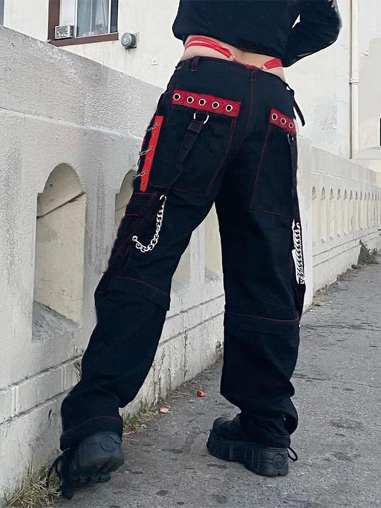 Streetwear Grunge Punk Style Cargo Trousers Women Harajuku Dark Academia Baggy Pants Chain Contrast Hip Hop Clothing