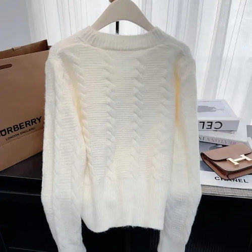 Load image into Gallery viewer, Autumn Winter French Solid Elegant V Neck Bow Single Breasted Short Sweater Women New Long Sleeved Slim Knitted Tops 2024 Trendy
