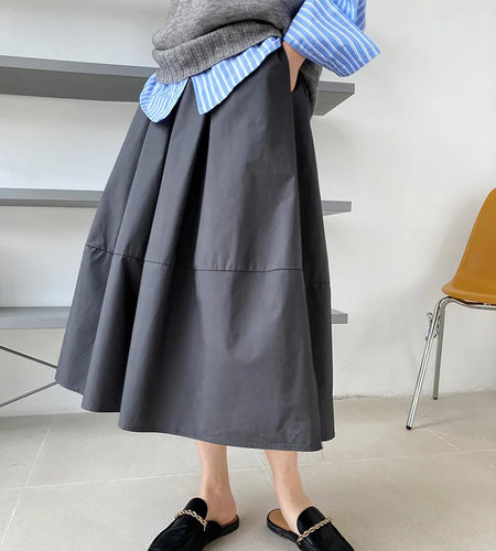 High Elastic Waist Gray Brown Casual A-LINE Midi Half-body Skirt Women Fashion Tide New Spring Autumn 2025 1DE2807