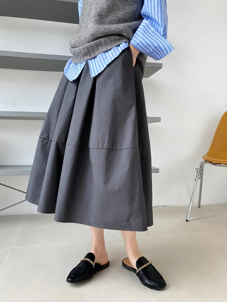 High Elastic Waist Gray Brown Casual A-LINE Midi Half-body Skirt Women Fashion Tide New Spring Autumn 2025 1DE2807
