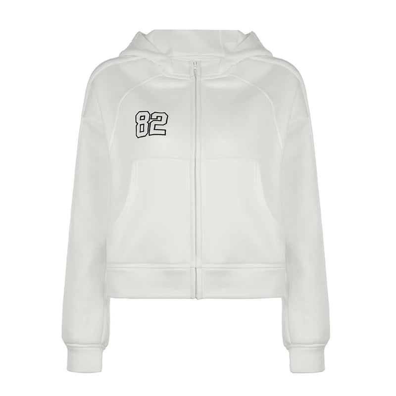 Casual Loose Hooded Autumn Jacket for Female Digital Embroidery Sporty Hoodies Coat Zip-Up Pockets Korean Basic White