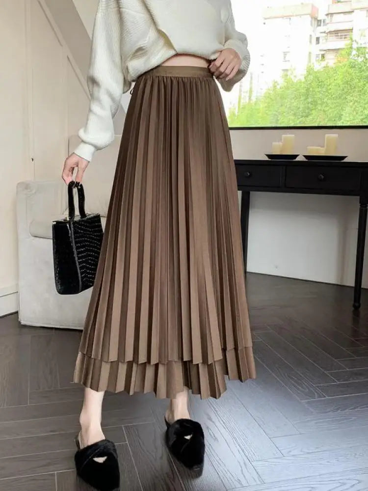 Autumn Winter New Black Beige Patchwork Mesh Elegant High Waist Long Skirt Women Brown Festival Pleated Skirt Simplicity Popular