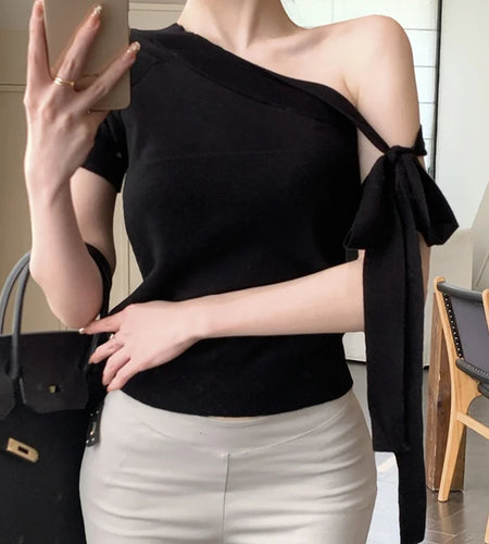 y2k Crop Tops Women Clothes Contrast Color Tie up Shoulders Contrast Color Asymmetrical T Shirts Vest 2000s Streetwear