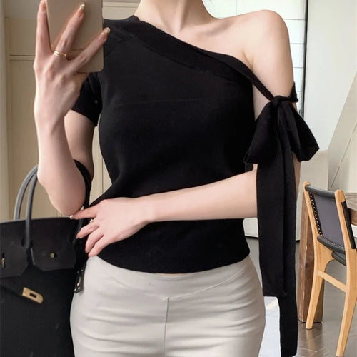 Load image into Gallery viewer, y2k Crop Tops Women Clothes Contrast Color Tie up Shoulders Contrast Color Asymmetrical T Shirts Vest 2000s Streetwear
