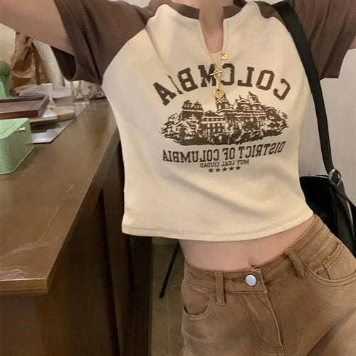 Load image into Gallery viewer, Vintage Printed T-Shirts Women Slim V-Neck Crop Top Y2k Aesthetic Short Sleeve Streetwear Grunge Tee Korean Version Pullovers
