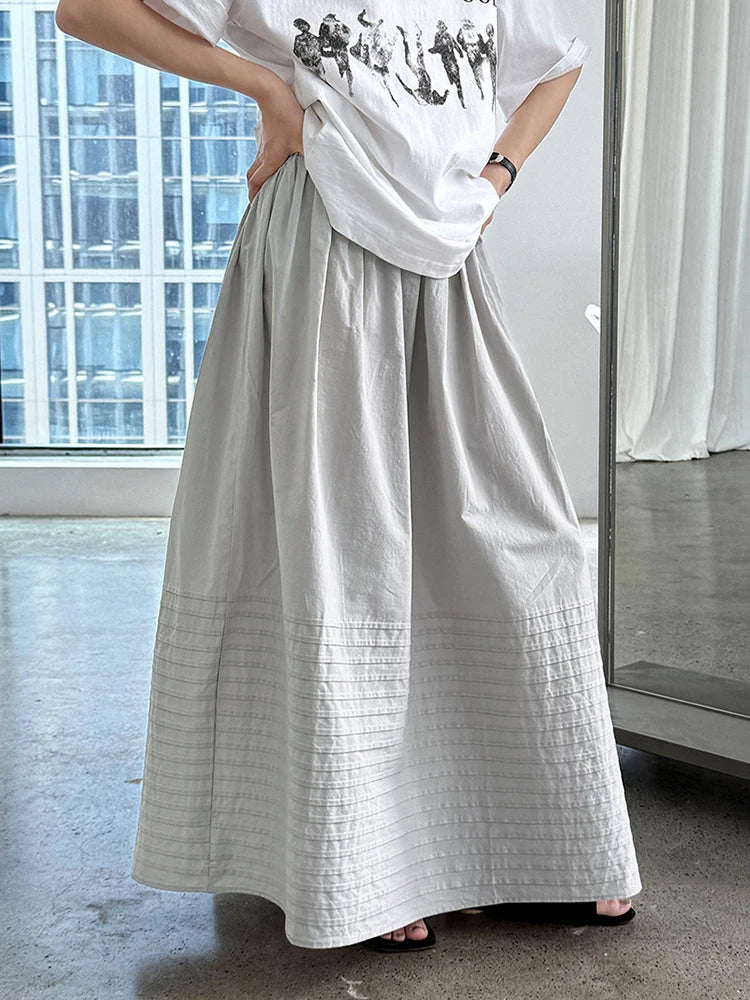 High Elastic Waist White Striped Pleated Midi A-line Half-body Skirt Women Fashion Tide New Spring Autumn 2025 1DJ1423