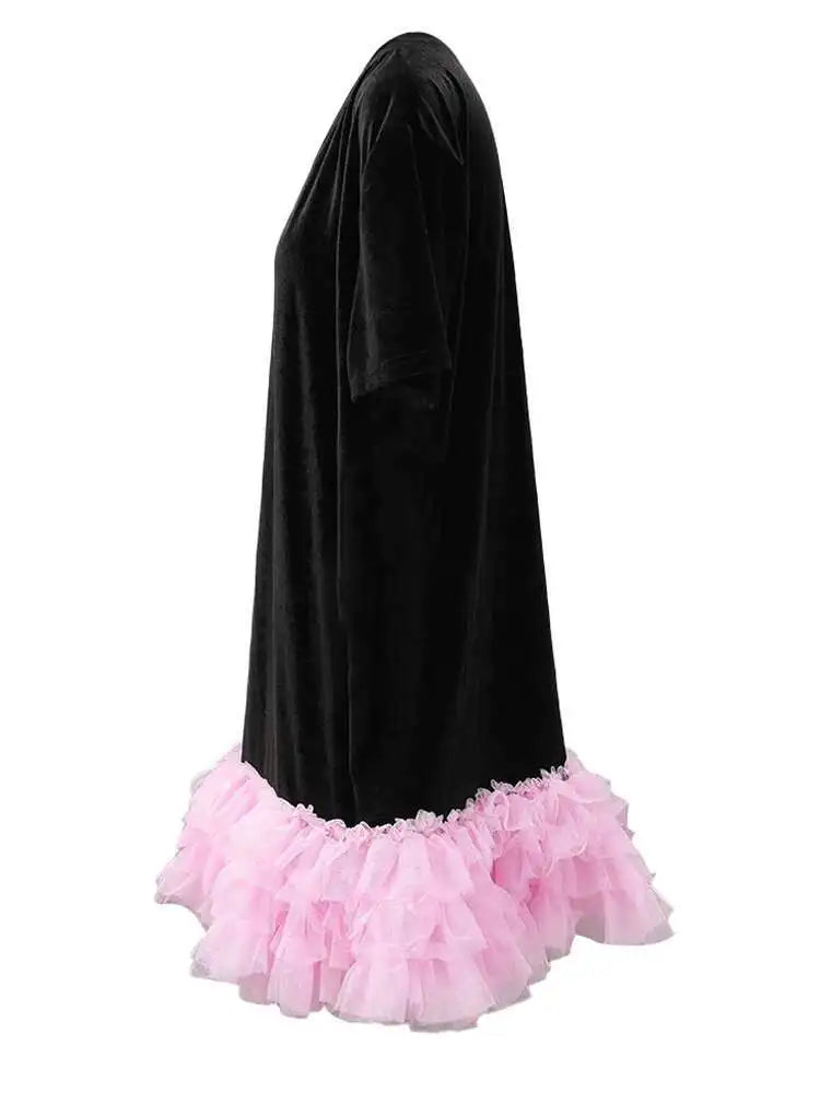 Women Green Mesh Ruffles Hem Big Size Knee-Length Dress New Round Neck Short Sleeve Fashion Spring Summer 2025 CPG2904