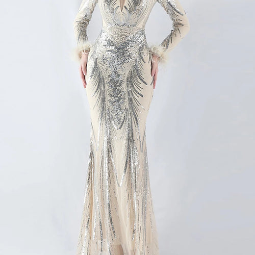 Load image into Gallery viewer, Solid Spliced Feather Slimming Dresses For Women V Neck Long Sleeve High Waist Temperament Dress Female Fashion New
