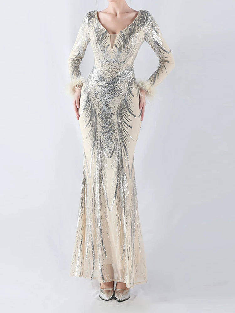 Solid Spliced Feather Slimming Dresses For Women V Neck Long Sleeve High Waist Temperament Dress Female Fashion New