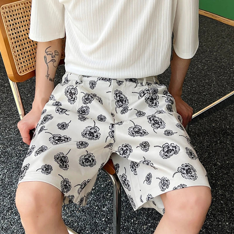 Male Summer Korean Printing Casual Shorts Wide Leg Knee Lenght Flowers Short Pants Men's Trendy Loose Everyday 9A8876