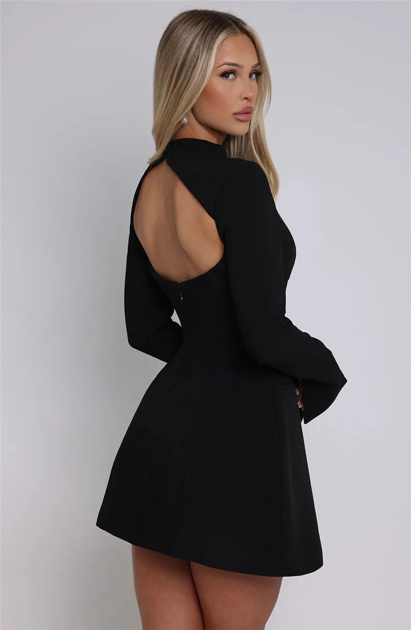 Long Sleeve Backless Sexy Mini Dress For Women Autumn Winter New O Neck High Waist A-line Club Party Sexy Dress Elegant
