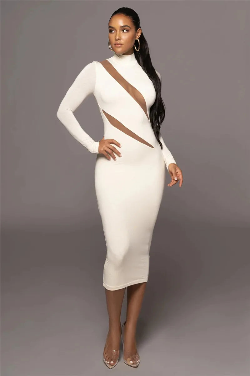 Elegant Long Sleeve Bodycon Sexy Maxi Dress For Women Autumn Winter Fashion Half High Collar Club Party Sexy Long Dress