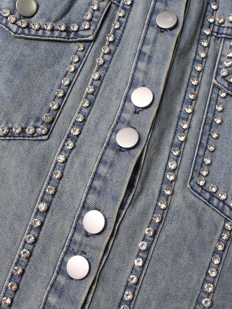 Spliced Tassel Streetwear Denim Jackets For Women Lapel Long Sleeve Patchwork Single Breasted Casual Coat Female