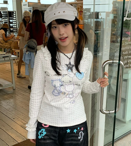 Japanese Y2k Anime Print Knitted Tops 2000s Aesthetics Long Sleeve T-shirt Cutecore Polka Dots Ribbed Tops Kawaii Cat
