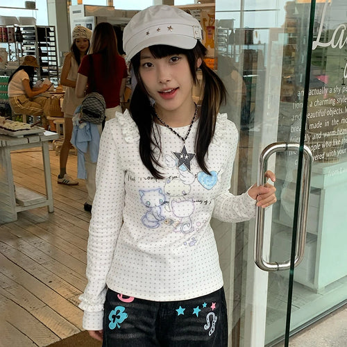 Load image into Gallery viewer, Japanese Y2k Anime Print Knitted Tops 2000s Aesthetics Long Sleeve T-shirt Cutecore Polka Dots Ribbed Tops Kawaii Cat
