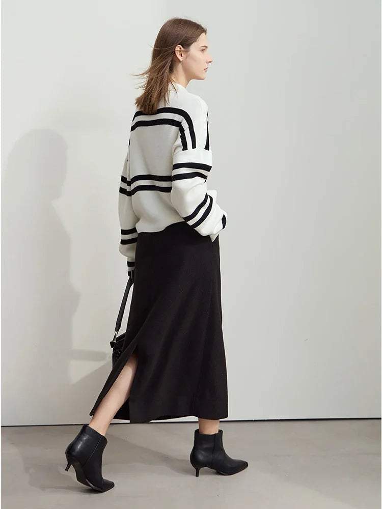 Minimalism Women's Elegant Commuter Skirts with Velvet Belt 2024 Winter Twill Fabric Warm Slit Straight Midi Skirt 12444183