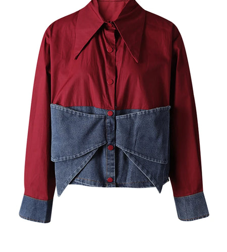 Women Wine Red Denim Bow Color-block Big Size Blouse New Lapel Long Sleeve Shirt Fashion Tide Spring Autumn 2025 CPG3256