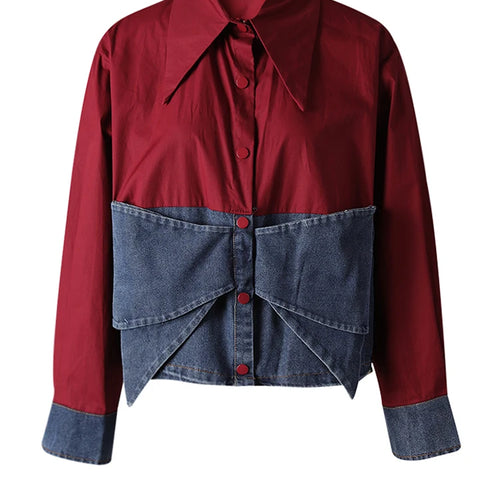 Load image into Gallery viewer, Women Wine Red Denim Bow Color-block Big Size Blouse New Lapel Long Sleeve Shirt Fashion Tide Spring Autumn 2025 CPG3256
