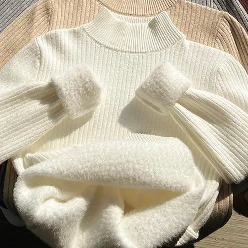 Load image into Gallery viewer, New Solid Basic Half High Collar Long Sleeve Women Velvet Sweater Autumn Winter Slim Thick Pullover Tops Knitwear Versatile Chic
