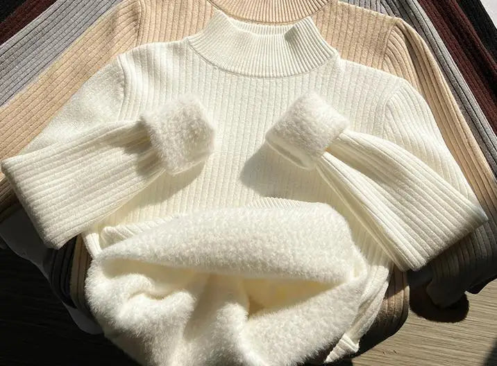 New Solid Basic Half High Collar Long Sleeve Women Velvet Sweater Autumn Winter Slim Thick Pullover Tops Knitwear Versatile Chic