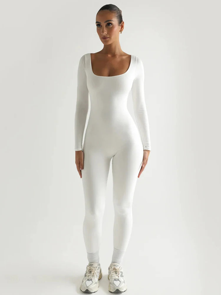 Square Neck Long Sleeve Zipper Women Jumpsuit Elastic Tight High Waist Playsuit Slim Sporty Casual Outdoor Street Romper