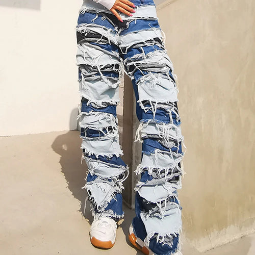 Load image into Gallery viewer, Hit Color Jeans Female High Waist Patchwork Tassel Streetwear Wide Leg Denim Pants For Women Fashion Autumn
