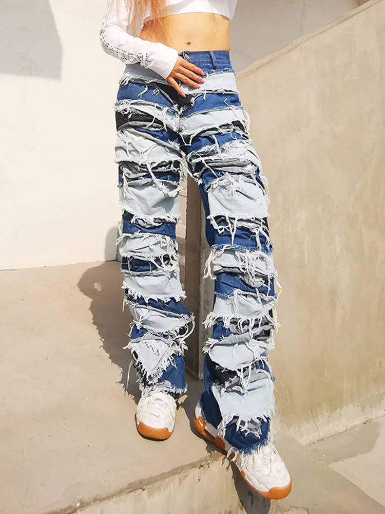 Hit Color Jeans Female High Waist Patchwork Tassel Streetwear Wide Leg Denim Pants For Women Fashion Autumn