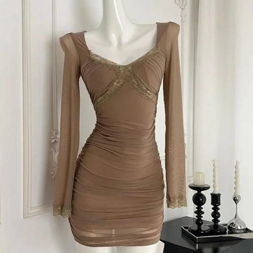 Load image into Gallery viewer, Autumn Winter Khaki Lace Square Neck Elegant Slim Pleated Dress For Women New Brown Mesh Long Sleeves Festival Short Dress Trend
