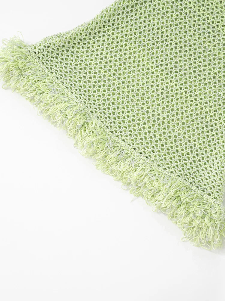 Spaghetti Strap Tassel Knit Mini Dress Women Summer New Hollow Out See Through Backless Beach Holiday Club Dress