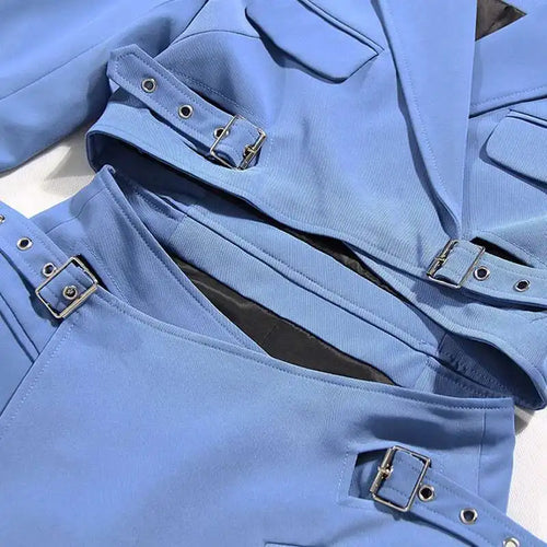 Load image into Gallery viewer, Women Blue Cross Buckle Hollow Out Blazer Dress New Lapel Long Sleeve Loose Fit Fashion Tide Spring Autumn 2025 1DE3323
