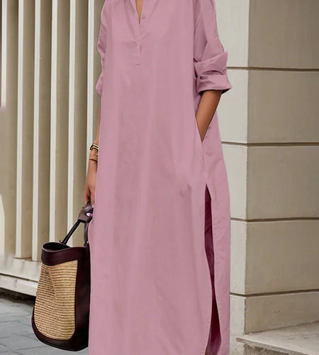Fall Spring Women's Maxi Shirt Dress Solid Color Lapel Loose Split Casual Robe Dresses for Women Office Daily Simple