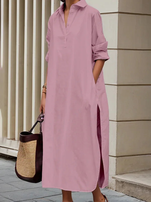 Fall Spring Women's Maxi Shirt Dress Solid Color Lapel Loose Split Casual Robe Dresses for Women Office Daily Simple