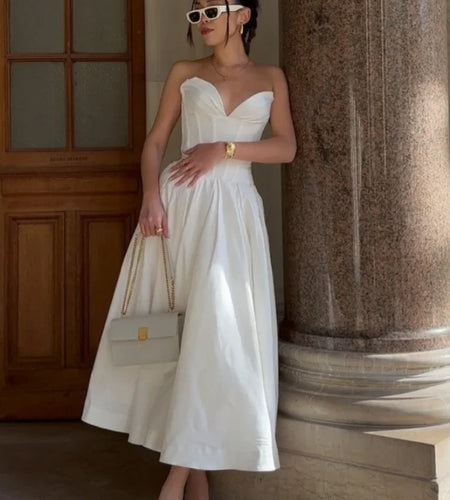 Summer Midi Elegant Strapless Dress Sexy White Weddding Guest Party Dresses Formal Event Fashion Women's Clothing