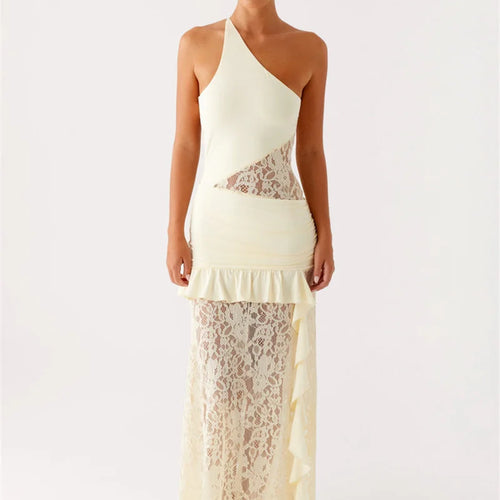 Load image into Gallery viewer, One Shoulder Backless Sexy Maxi Dress Women Lace Patchwork Fashion Sleeveless Lace-up Draped Ruffle Club Long Dress
