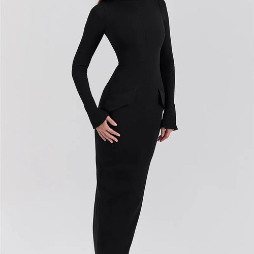 Load image into Gallery viewer, Black Long Sleeve Sexy Maxi Dress For Women Autumn Winter New O Neck Two Pocket Back Split Bodycon Long Dress Elegant

