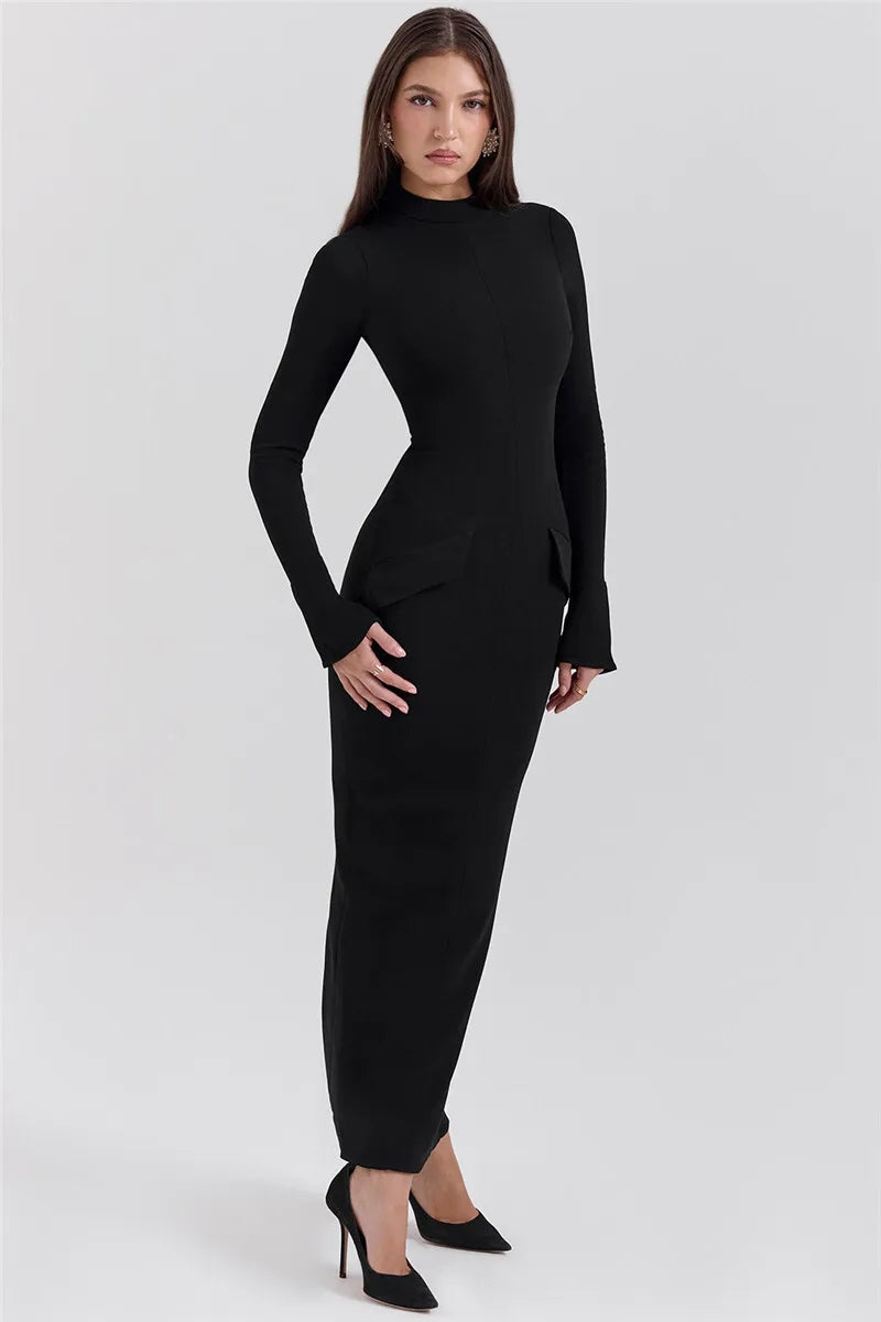 Black Long Sleeve Sexy Maxi Dress For Women Autumn Winter New O Neck Two Pocket Back Split Bodycon Long Dress Elegant